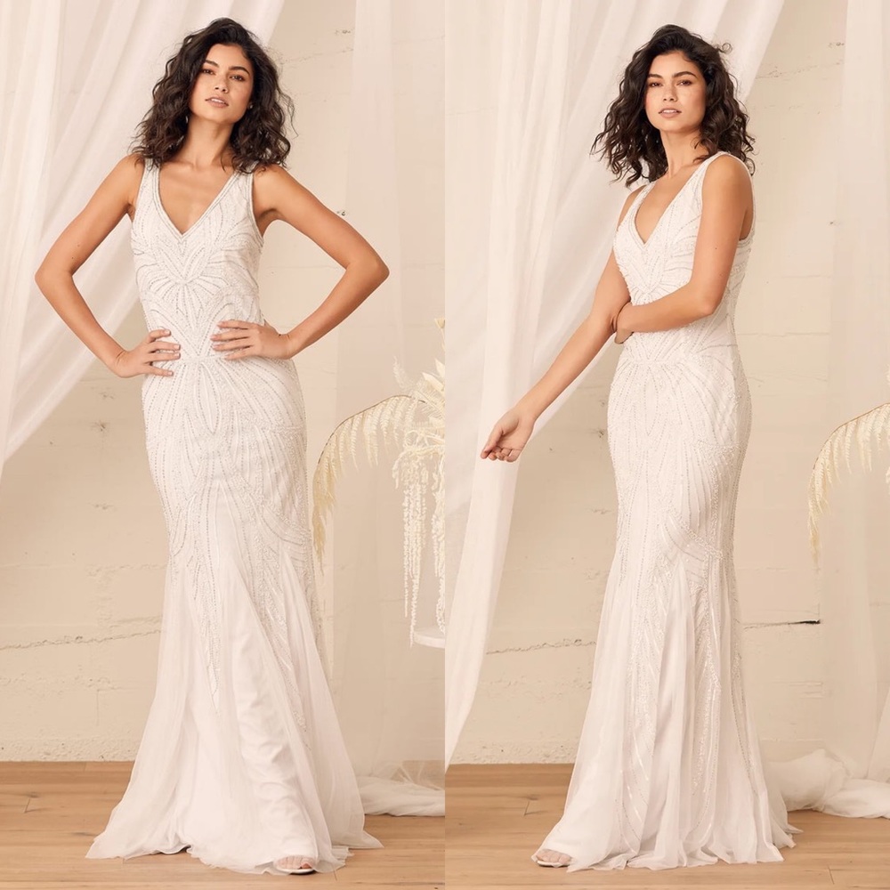 NWOT Lulus Make Them Marvel White Beaded Mermaid Maxi Wedding Dress Size XS